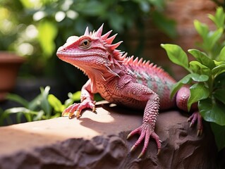 Fototapeta premium Vibrant Pink Lizard Resting on a Sunlit Stone