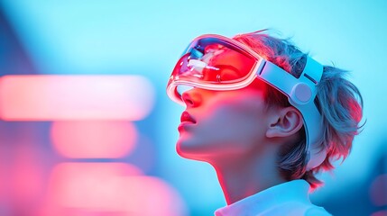 Woman Wearing Futuristic VR Headset in Neon City at Night