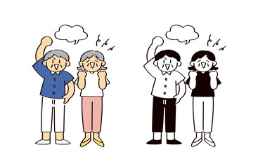 ポジティブなシニア夫婦のイラストセット