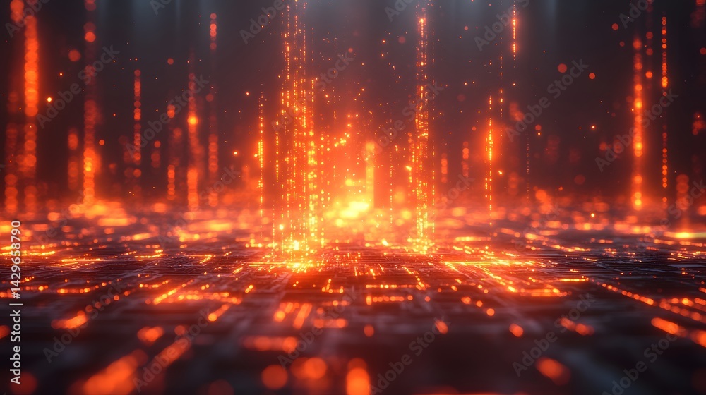 Aufkleber Fiery digital landscape with glowing circuitry and particles. Abstract technology background. Abstract Digital Inferno: Glowing Circuitry and Fiery Particles Firewall