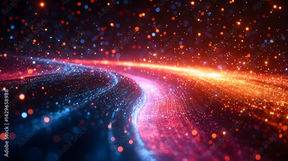 Poster dynamic abstract scene featuring a glowing wave of particles shifting from cool blues to warm reds, 