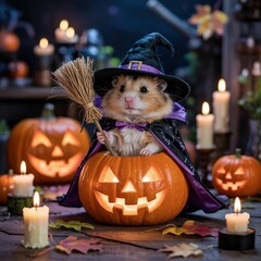 Cute Halloween Hamster Dressed as a Witch in Glowing Pumpkin Scene