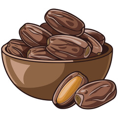 dates fruit wooden bowl sweet isolated vector illustration on white background