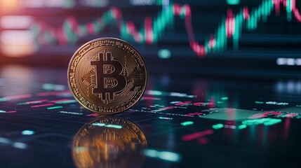 Golden bitcoin digital currency rests atop a complex chart display.