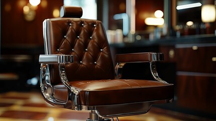 Luxurious brown leather barber chair in a sophisticated salon interior.