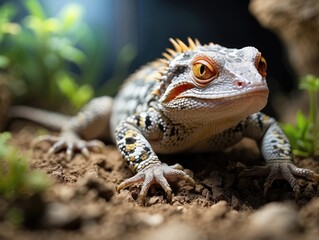 Obraz premium Nature’s Explorer: Leopard Gecko in a Lush Landscape