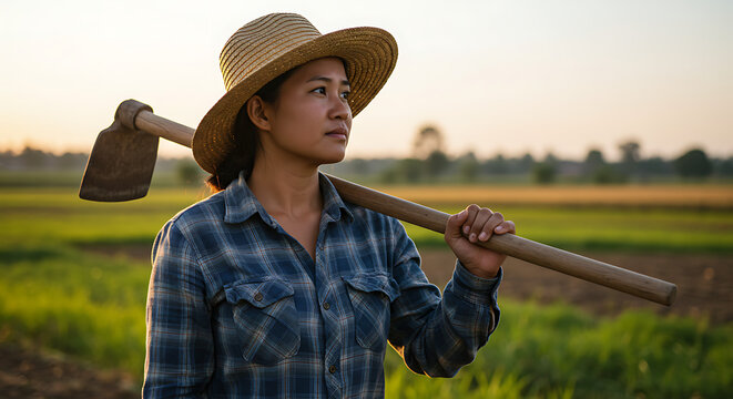 Agricultora com enxada no ombro em planta&ccedil;&atilde;o ao entardecer