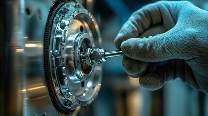 Close-up view of a technician's hand meticulously adjusting a metallic component.