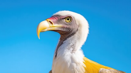 Obraz premium Close-up of a vulture's head against a vibrant blue sky. A detailed portrait of the bird's striking features, including its yellow beak, white plumage, and gray markings