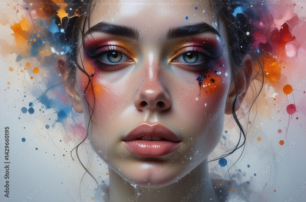 Poster a dreamy portrait of a woman, her face adorned with vibrant watercolor-like splashes of color, creat