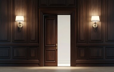 Dark wood paneled room with open door