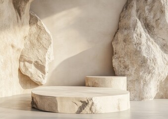 Beige stone and wood display podiums