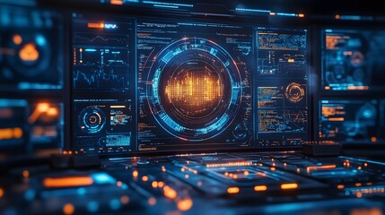 Obraz premium A futuristic digital interface with data visualizations on a large screen, showcasing cutting-edge technology and information processing. Digital Futuristic Tech Interface