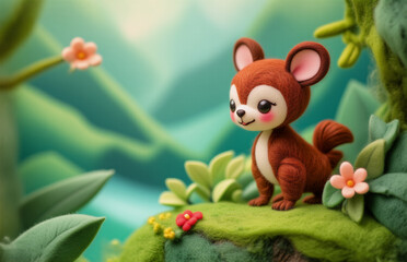 A cartoon animal with big eyes and rosy cheeks sits atop a mossy mound surrounded by foliage and flowers, with a verdant background featuring distant mountains. Hints: Nature and Cute.