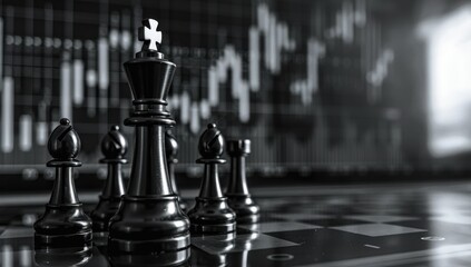 Black & white chess pieces on a board, stock market charts background trading concept, graphic elements. Copy space. High quality.