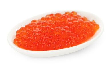 Delicious red caviar in bowl isolated on white