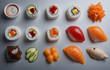 Obraz premium An array of sushi and sides are neatly arranged on a white surface. Various rolls and nigiri are presented with ginger, wasabi, dipping sauce, and cucumber slices.