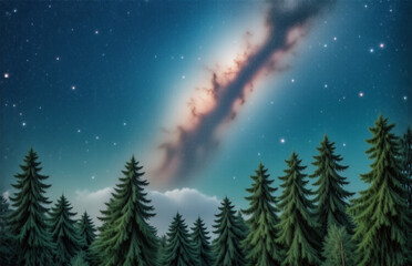 Fototapeta premium Hints: The image depicts a forest with a night sky.Night sky over a forest with trees. Stars shine near a streak in the sky. White clouds partially cover the trees. An awe-inspiring and majestic vie