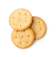 Tasty salty crackers isolated on white, top view