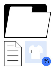Folder, paper document, T-shirt image, and percentage circle denote file management, product cataloging, retail organization, marketing, sales pricing and financial management. Flat simple metaphor