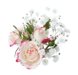 Bouquet with beautiful gypsophila and roses on white background
