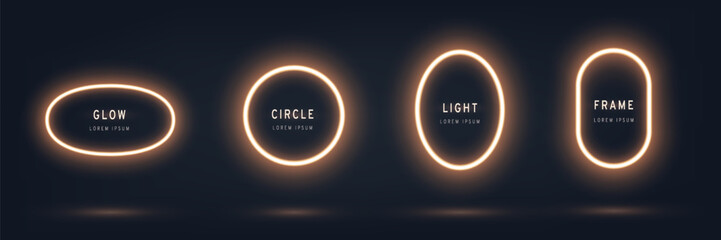 Circle Light frame set. Gold glowing border. Bright neon design elements on black background