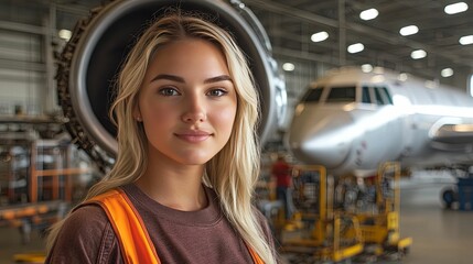 Young woman aviation technician smiles in front of aircraft engine.