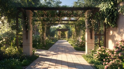 Naklejka premium Serene Garden Walkway Floral Canopy over Stone Path for relaxation/real estate