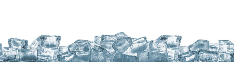 Pile of clear ice cubes on white background