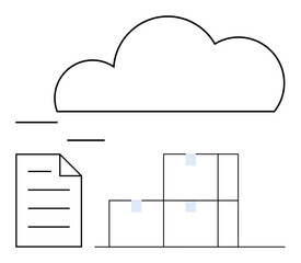 Digital document next to stacked storage boxes beneath a cloud. Ideal for cloud storage, data management, logistics, online file sharing, digitalization, warehouse, collaboration. Flat simple