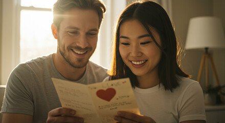 A smiling couple reading a valentine's day card with a red heart together in a bright room