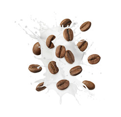 Aromatic coffee beans and splashes of fresh milk in air on white background