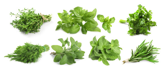 Obraz premium Different aromatic herbs on white background, collage