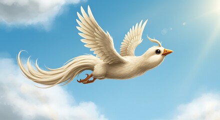 Obraz premium Bird Flying Against a Bright Blue Sky with Clouds