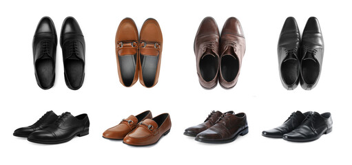 Fototapeta premium Different men's shoes isolated on white, collage. Top and side view