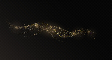 Gold dust wavy trail with sparkling and shimmering glitter particles. Realistic vector illustration of magic gold powder path on dark transparent background. For use in design, overlays, or as PNG ele