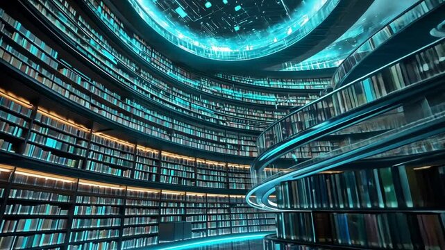 Futuristic Library Interior with Glowing Details and Spiral Staircase Design, Modern and Creative