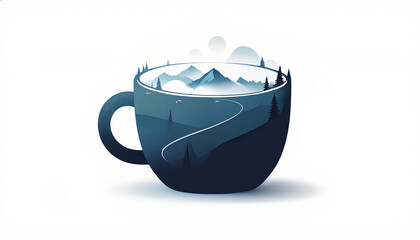 Minimal vector illustration of a coffee cup made of a mountain landscape, showing pine trees