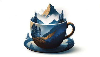 Minimal vector illustration of a coffee cup made of a mountain landscape, showing pine trees