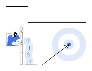 Person stacking RISK blocks, measuring levels with a ruler, large target hit by an arrow. Ideal for goal setting, risk analysis, strategy, success metrics, business planning, decision-making simple