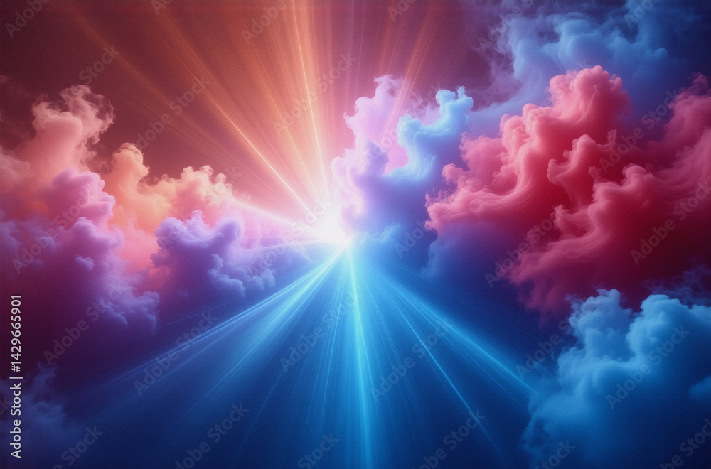 Poster vibrant, colorful clouds illuminated by a radiant, converging light beam. a celestial scene of inten