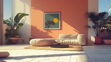 Tropical Oasis Modern Living Room in Warm Light ideal for creative writing prompt visuals