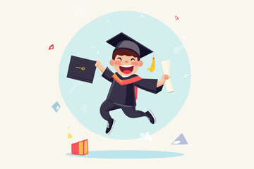 Cartoon graduate jumping with joy, holding diploma and cap. Ideal for greeting cards, school websites, celebration posters, and fun educational materials