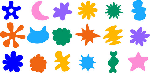 Vector set of hand-drawn stars and liquid shapes, design elements, badges, stickers, and geometric figures abstract background elements for branding, packaging, prints, and social media posts.