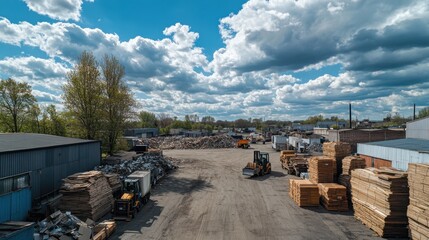 Industrial Yard with Raw Materials and Machinery Under Blue Sky