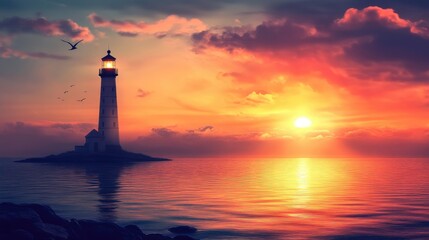 Sunset behind a lighthouse on a rocky shore with vibrant hues in the sky and water