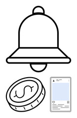 Bell symbol for alerts, coin with dollar sign for financial themes, and social media layout. Ideal for notifications, finance, marketing, social media, communication, apps simple landing page