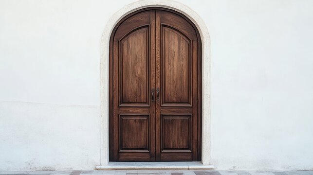 Arched wooden door on white wall, sunny day