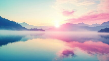 Obraz premium Tranquil lake scene with fog hovering above water and sunrise painting the sky