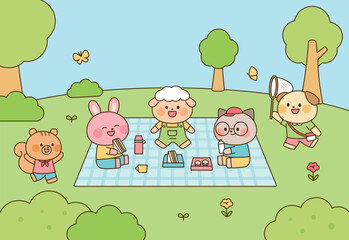 Cute animal friends having a picnic with lunch boxes and drinks in nature. Cartoon illustration featuring bunny, dog, cat, sheep, and squirrel enjoying sunny weather.